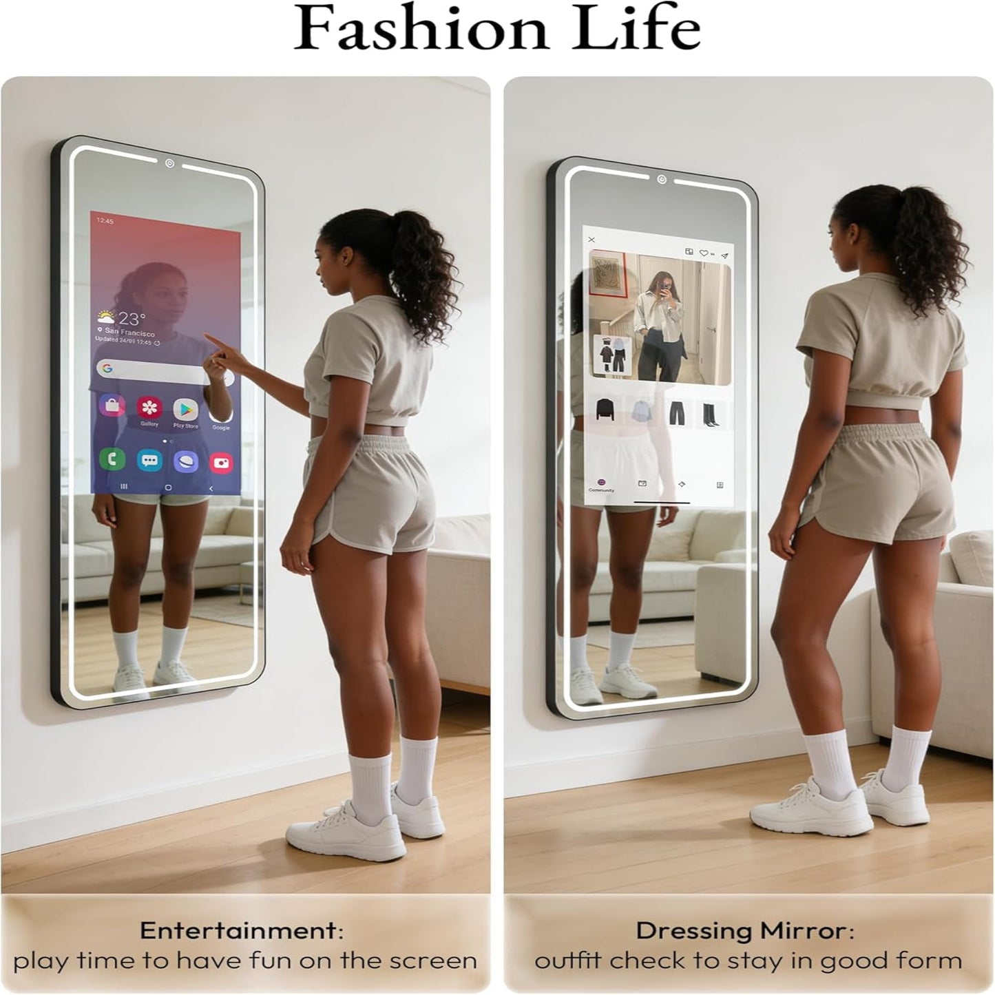 Smart Fitness Mirror with 32'' HD Touchscreen, 65'' Full-Length Mirror, Android OS, Voice Control, for Home Gym, Yoga, Dance and Training