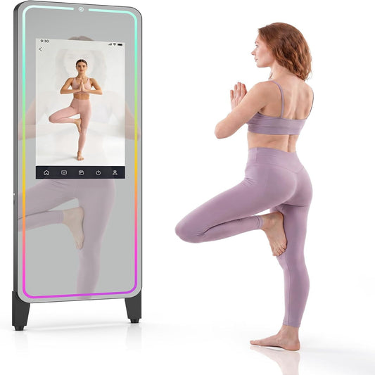 Smart Fitness Mirror with 32'' HD Touchscreen, 65'' Full-Length Mirror, Android OS, Voice Control, for Home Gym, Yoga, Dance and Training