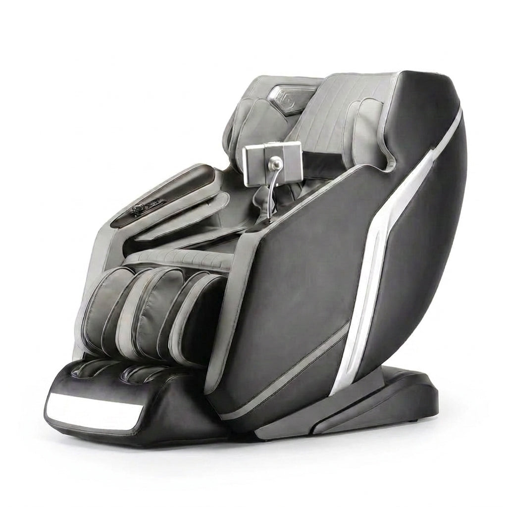 4D Deluxe Gray and Black Zero Gravity and Space Saving Faux Leather Heated Massage Chair with Sl-Track and Bluetooth — Studio Shot