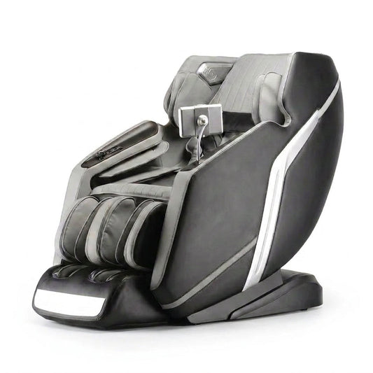 4D Deluxe Gray and Black Zero Gravity and Space Saving Faux Leather Heated Massage Chair with Sl-Track and Bluetooth — Studio Shot
