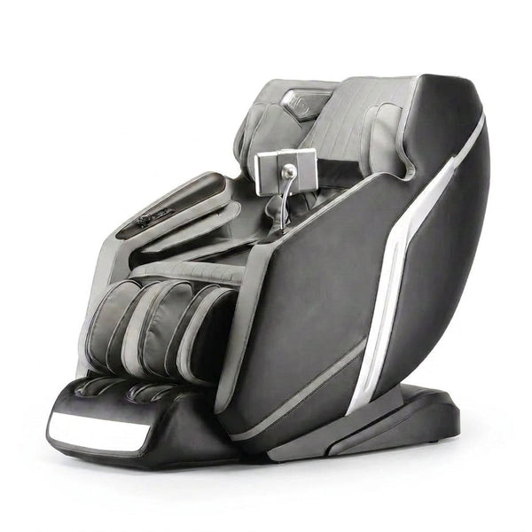 4D Deluxe Gray and Black Zero Gravity and Space Saving Faux Leather Heated Massage Chair with Sl-Track and Bluetooth — Studio Shot