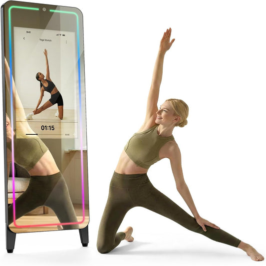 Smart Gym Mirror for Home Workouts, 32" HD Touchscreen with Android OS, 63" Full-Length Mirror, No Subscription Required, Fitness App Support, Voice Control & Music Sync LED Light Strip