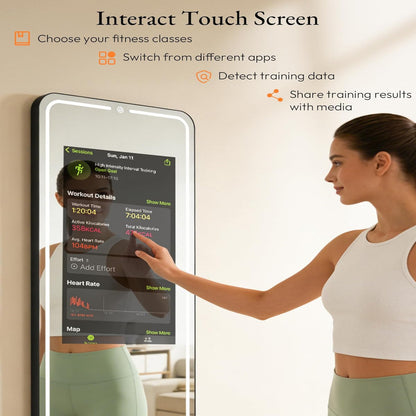 Smart Fitness Mirror with 32'' HD Touchscreen, 65'' Full-Length Mirror, Android OS, Voice Control, for Home Gym, Yoga, Dance and Training