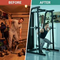 Home Gym Smith Machine with 138LB Weight Stack, Leg Press & LAT Station for Full Body Workouts — Before & After