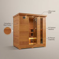Infrared Sauna Designed for Full Family Use, Canadian Red Cedar, 10 Carbon Heaters, Ultra-Low EMF — infographic