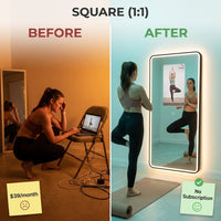 Smart Fitness Mirror for Home Gym Workout, 32" Touchscreen & Open System, No Subscription Fees, Support Fitness Apps, Wall Mount & Free Standing, Can Be Used with Home Workout Equipment — Before & After