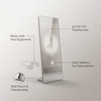 Smart Fitness Mirror for Home Gym Workout, 32" Touchscreen & Open System, No Subscription Fees, Support Fitness Apps, Wall Mount & Free Standing, Can Be Used with Home Workout Equipment — infographic