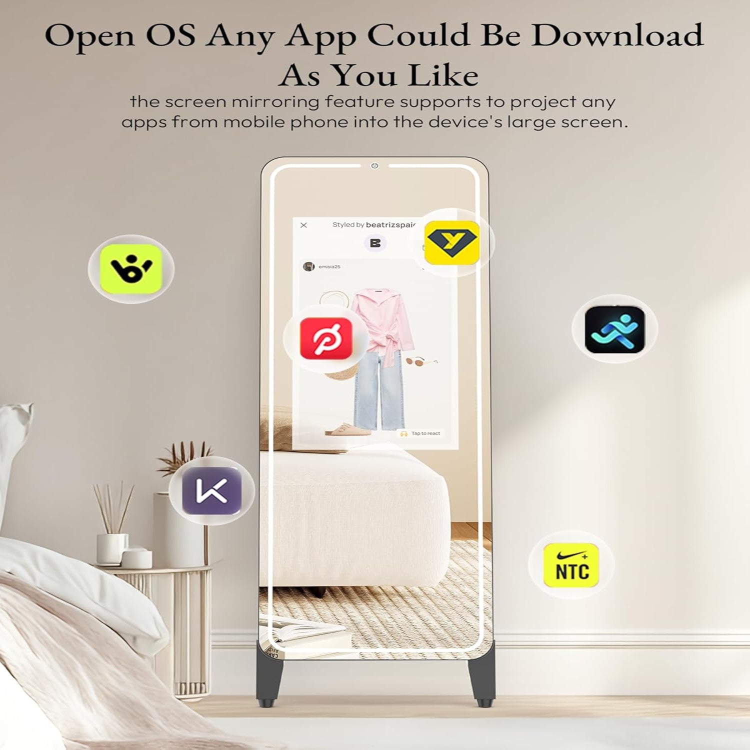 Smart Fitness Mirror with 32'' HD Touchscreen, 65'' Full-Length Mirror, Android OS, Voice Control, for Home Gym, Yoga, Dance and Training