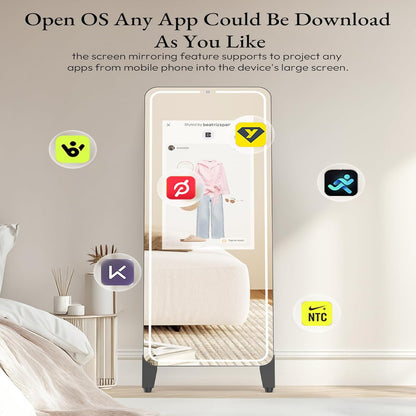Smart Fitness Mirror with 32'' HD Touchscreen, 65'' Full-Length Mirror, Android OS, Voice Control, for Home Gym, Yoga, Dance and Training